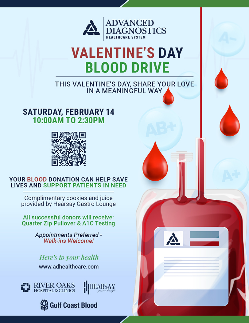 Advanced Diagnostics Healthcare System and Gulf Coast Blood Host Valentine’s Day Blood Drive